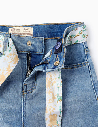 Calças de Ganga com Fita Floral para Menina, Azul