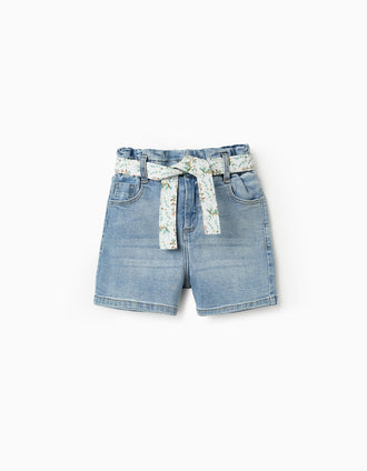 Short Vaquero con Cinta Floral para Niña, Azul