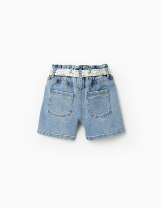 Short Vaquero con Cinta Floral para Niña, Azul