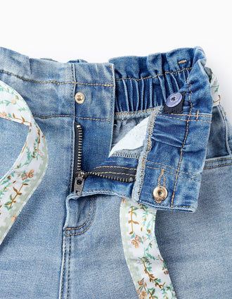 Short Vaquero con Cinta Floral para Niña, Azul