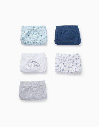 Pack 5 Calzoncillos de Algodón para Niño 'Desporto', Blanco/Azul/Gris