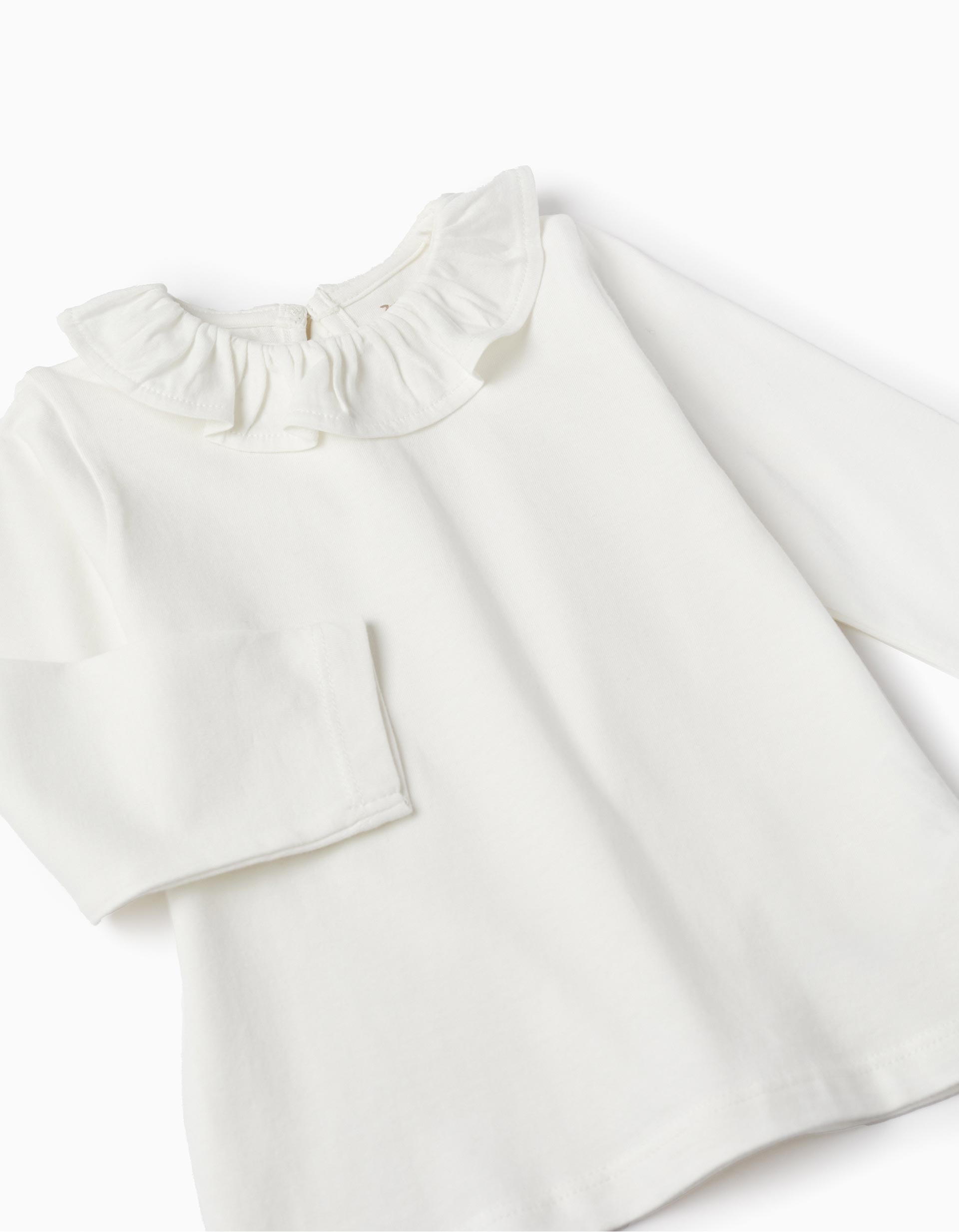 Long Sleeve T-shirt with Ruffled Collar for Baby Girls, White