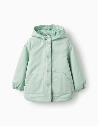 Parka de Sarga con Capucha para Niña, Verde Claro