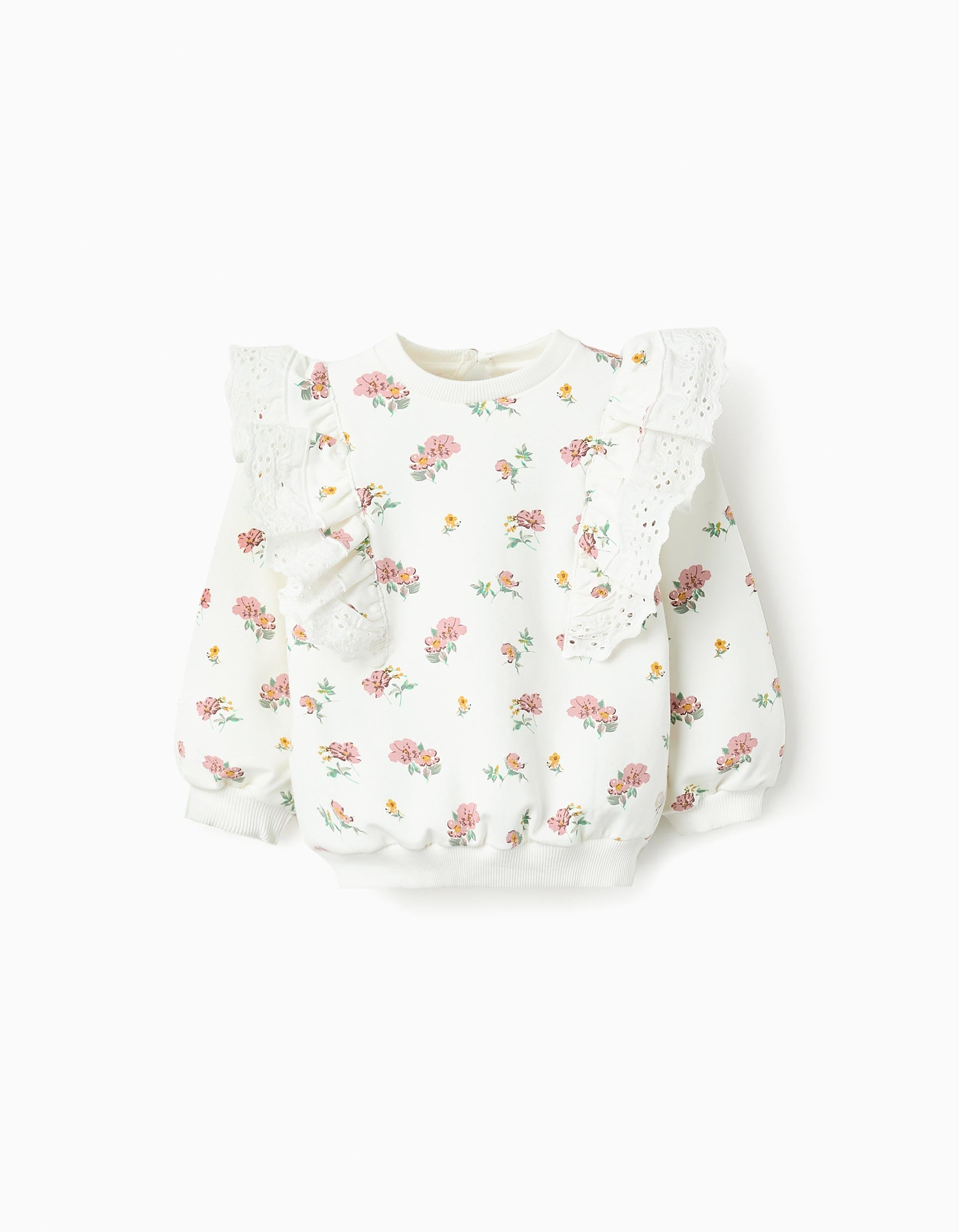 Floral Cotton Sweatshirt with Ruffles for Baby Girls, White