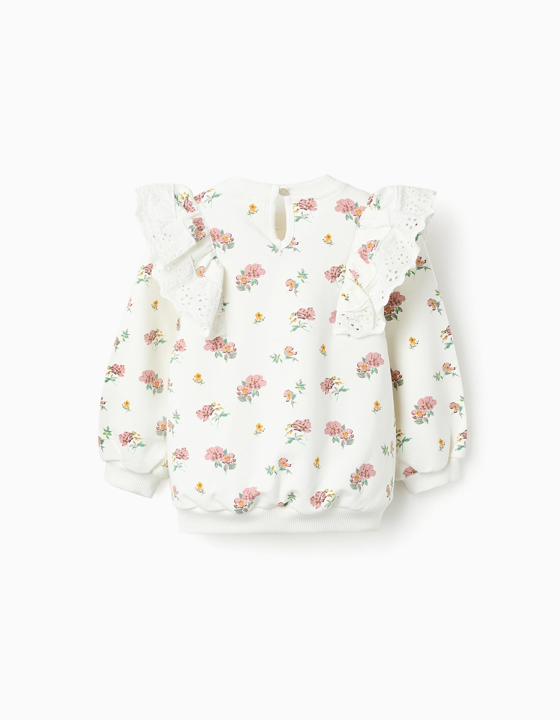 Floral Cotton Sweatshirt with Ruffles for Baby Girls, White