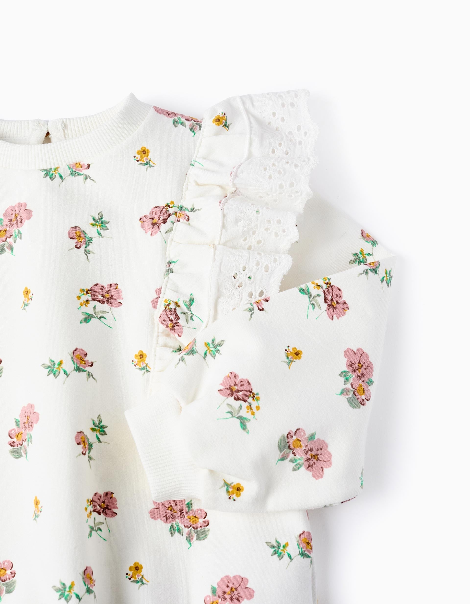 Floral Cotton Sweatshirt with Ruffles for Baby Girls, White