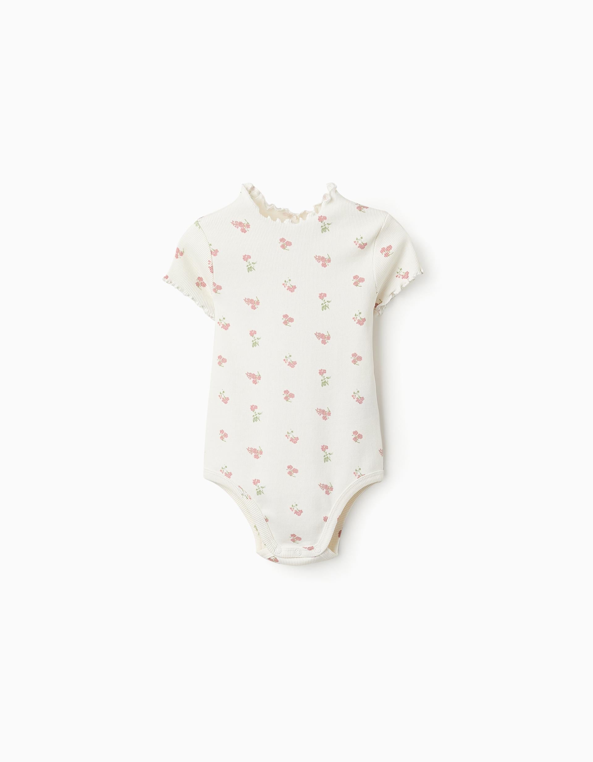 Ribbed Floral Bodysuit for Baby Girls, White