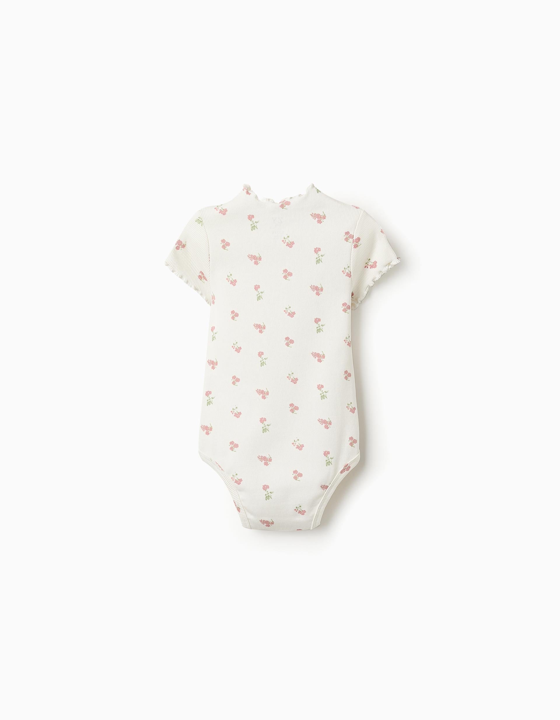 Ribbed Floral Bodysuit for Baby Girls, White