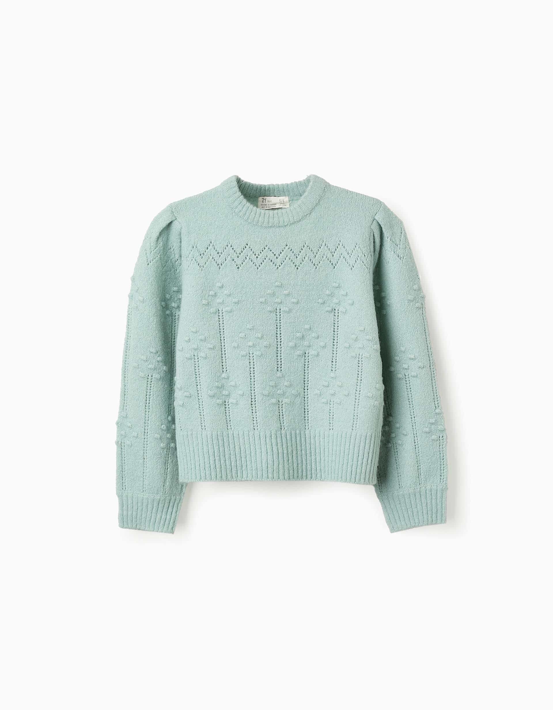 Knit Jumper with Details for Girls, Aqua Green