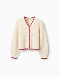Casaco de Malha com Texturas para Menina, Branco/Rosa