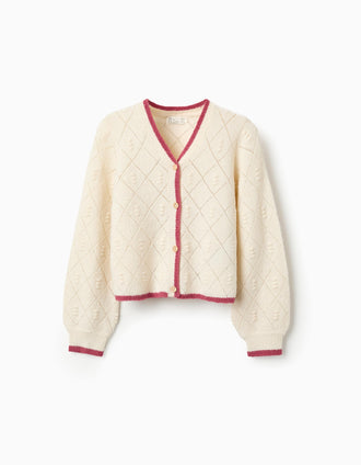 Casaco de Malha com Texturas para Menina, Branco/Rosa