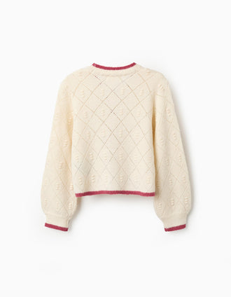 Casaco de Malha com Texturas para Menina, Branco/Rosa