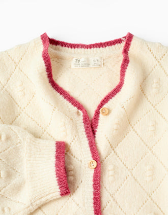 Casaco de Malha com Texturas para Menina, Branco/Rosa