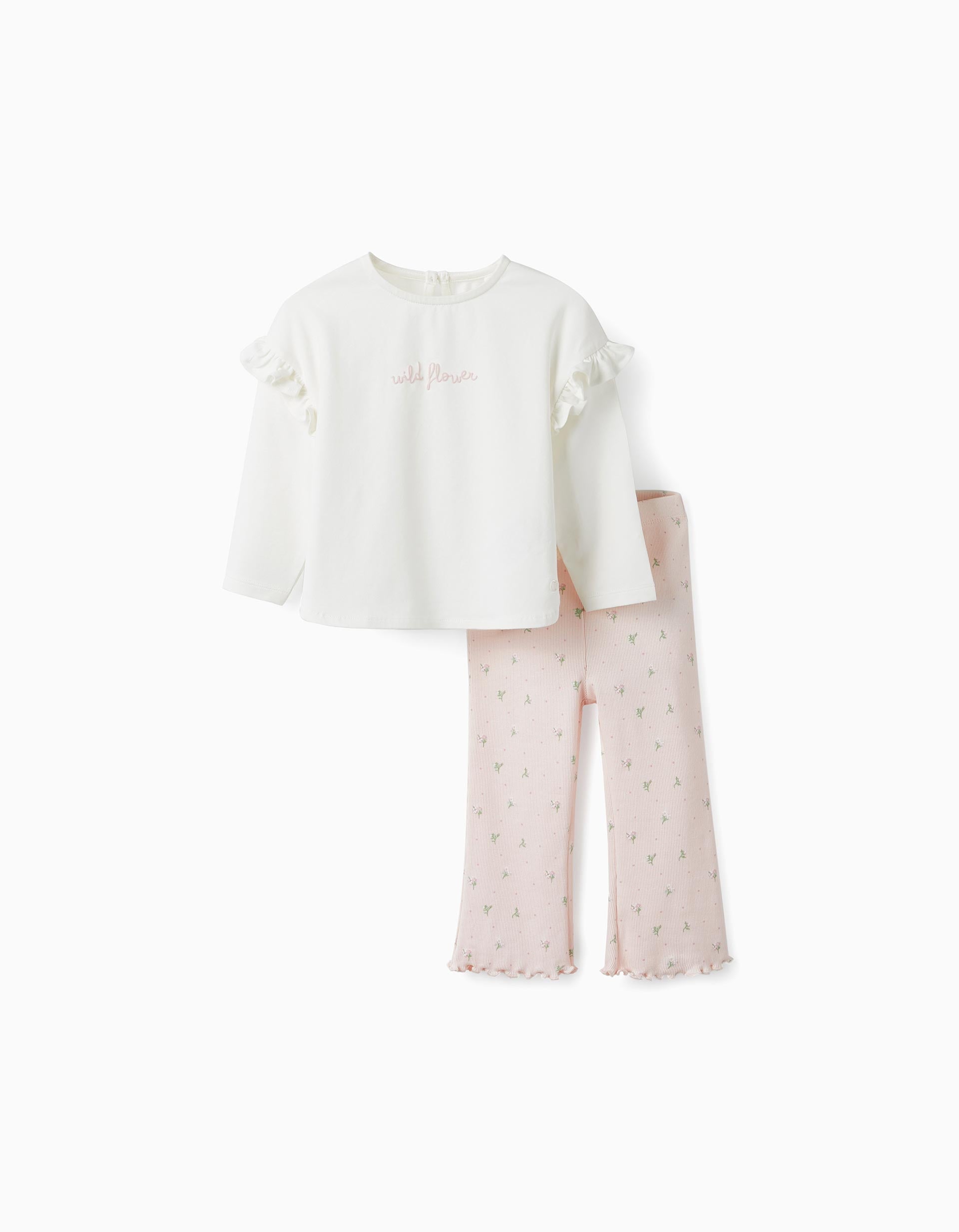 T-Shirt + Ribbed Trousers for Baby Girls 'Wild Flower', White/Pink