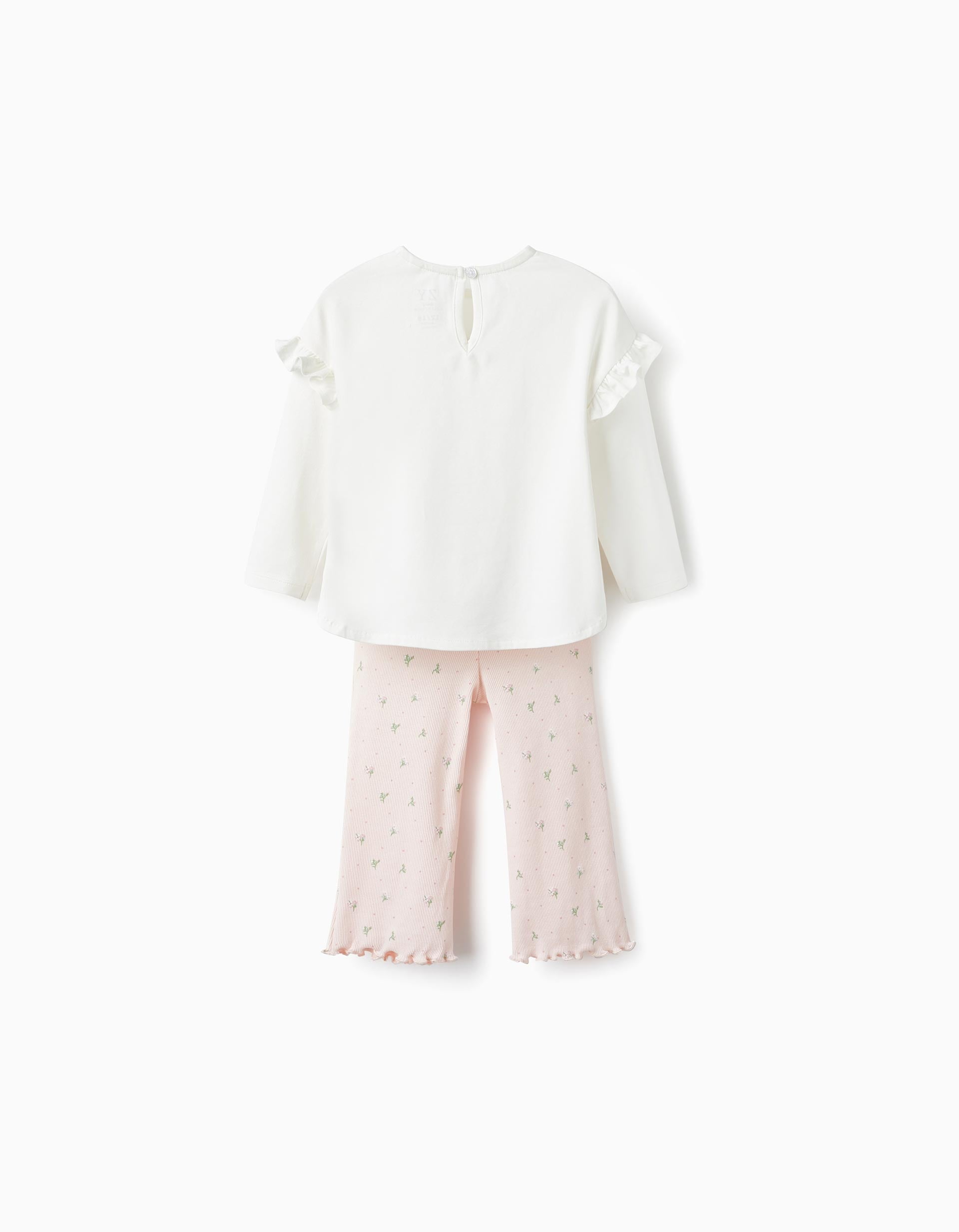 T-Shirt + Ribbed Trousers for Baby Girls 'Wild Flower', White/Pink