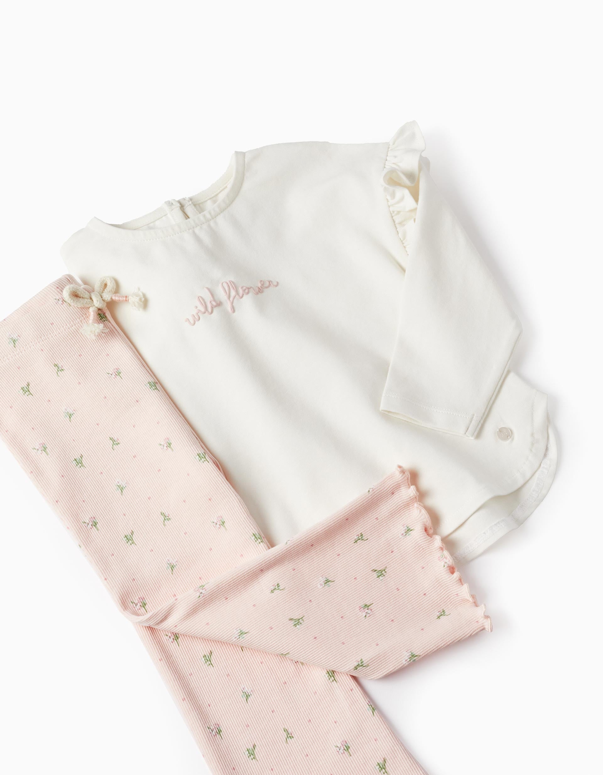 T-Shirt + Ribbed Trousers for Baby Girls 'Wild Flower', White/Pink