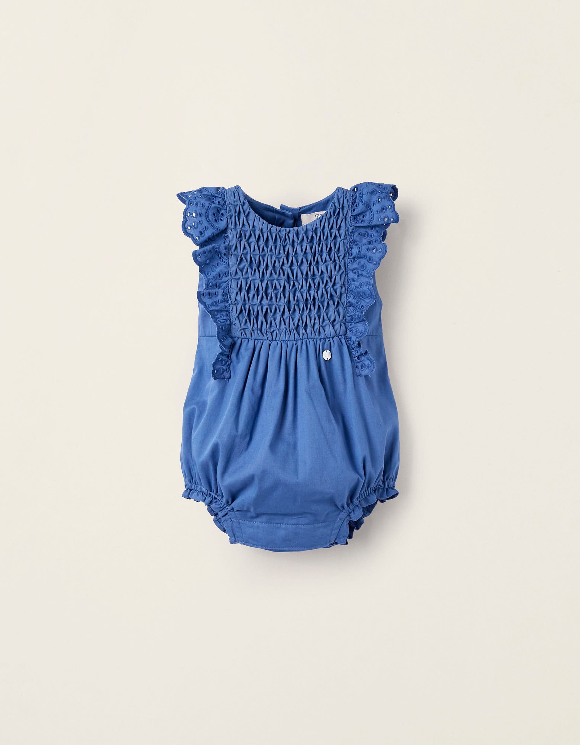 Cotton Jumpsuit with Broderie Anglaise for Newborn Girls, Blue