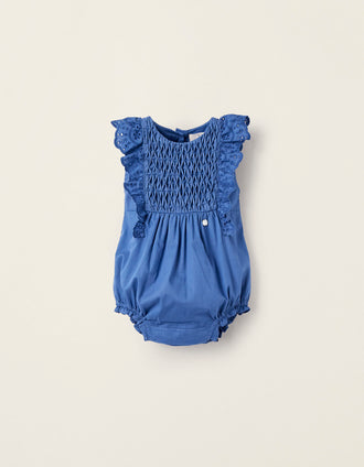 Combi-short en Coton avec Broderie Anglaise pour Nouveau-Née, Bleu
