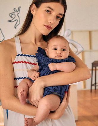 Combi-short en Coton avec Broderie Anglaise pour Nouveau-Née, Bleu