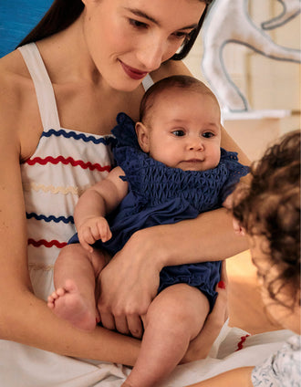 Combi-short en Coton avec Broderie Anglaise pour Nouveau-Née, Bleu