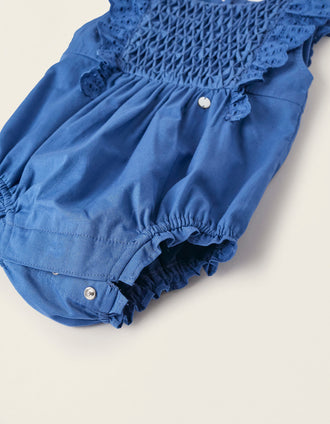 Mono de Algodón con Bordado Inglés para Recién Nacida, Azul