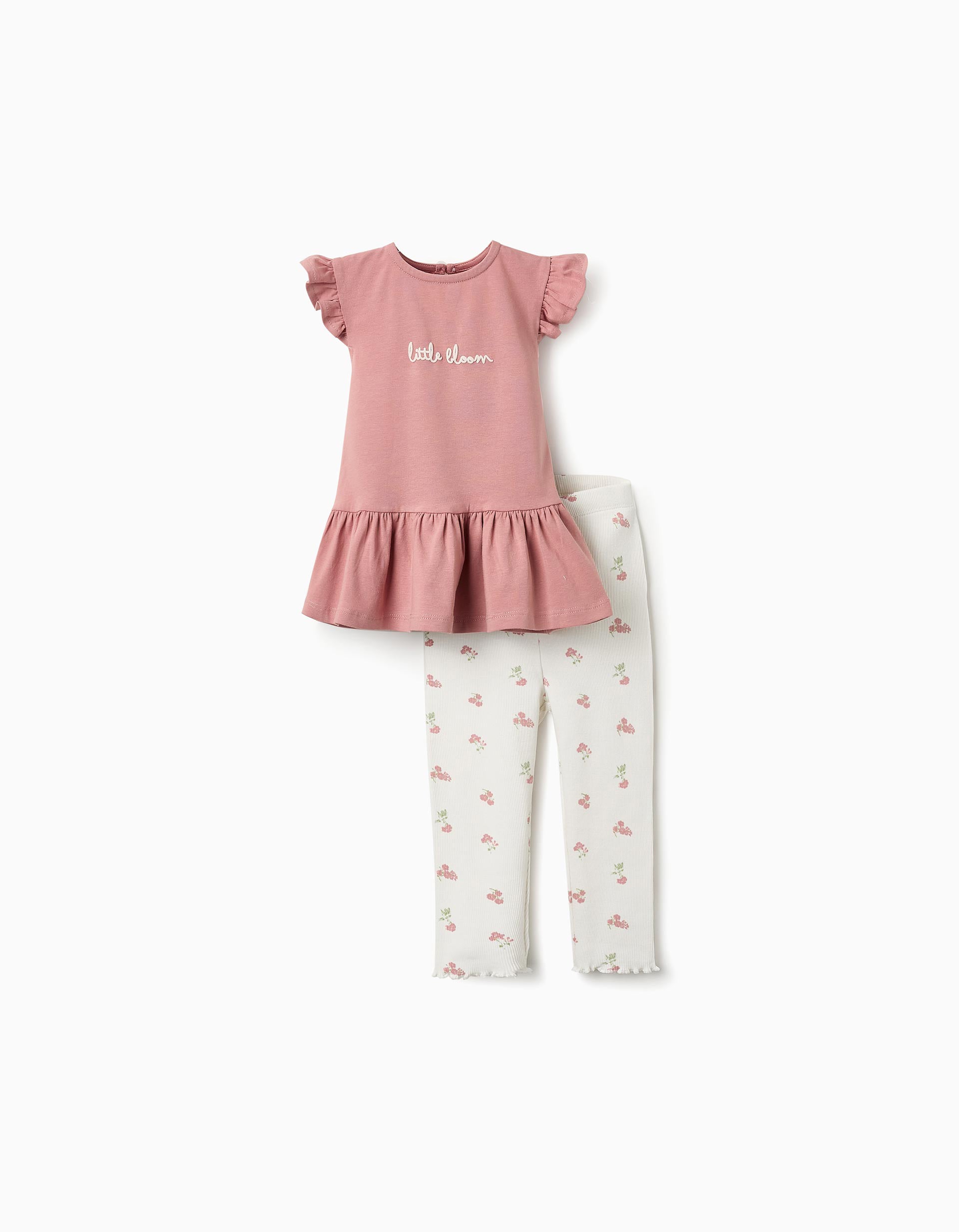 Top + Ribbed Floral Trousers for Baby Girls, Pink/White