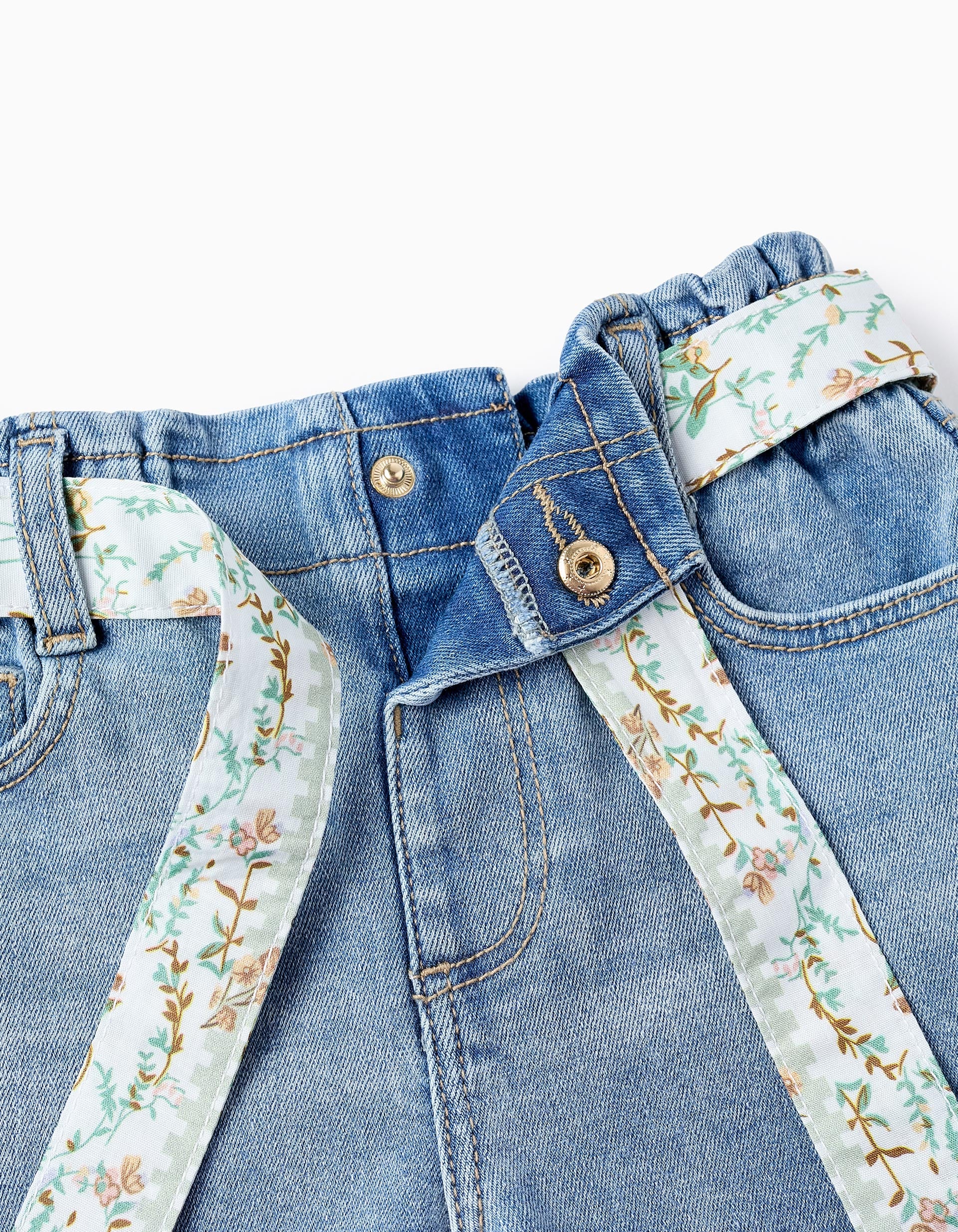 Denim Shorts with Floral Ribbon for Baby Girls, Blue