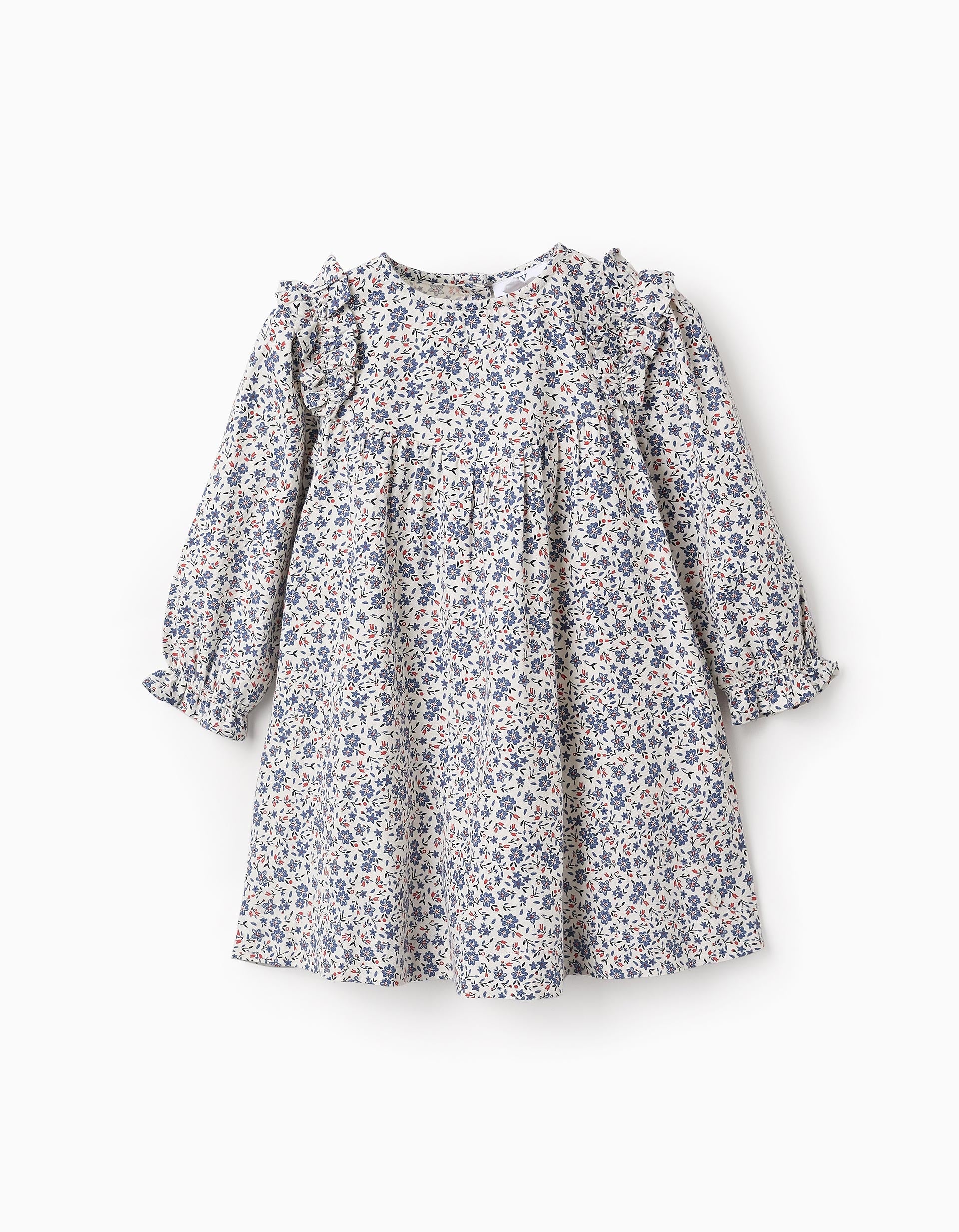 Floral Cotton Dress for Baby Girls, White/Blue/Red