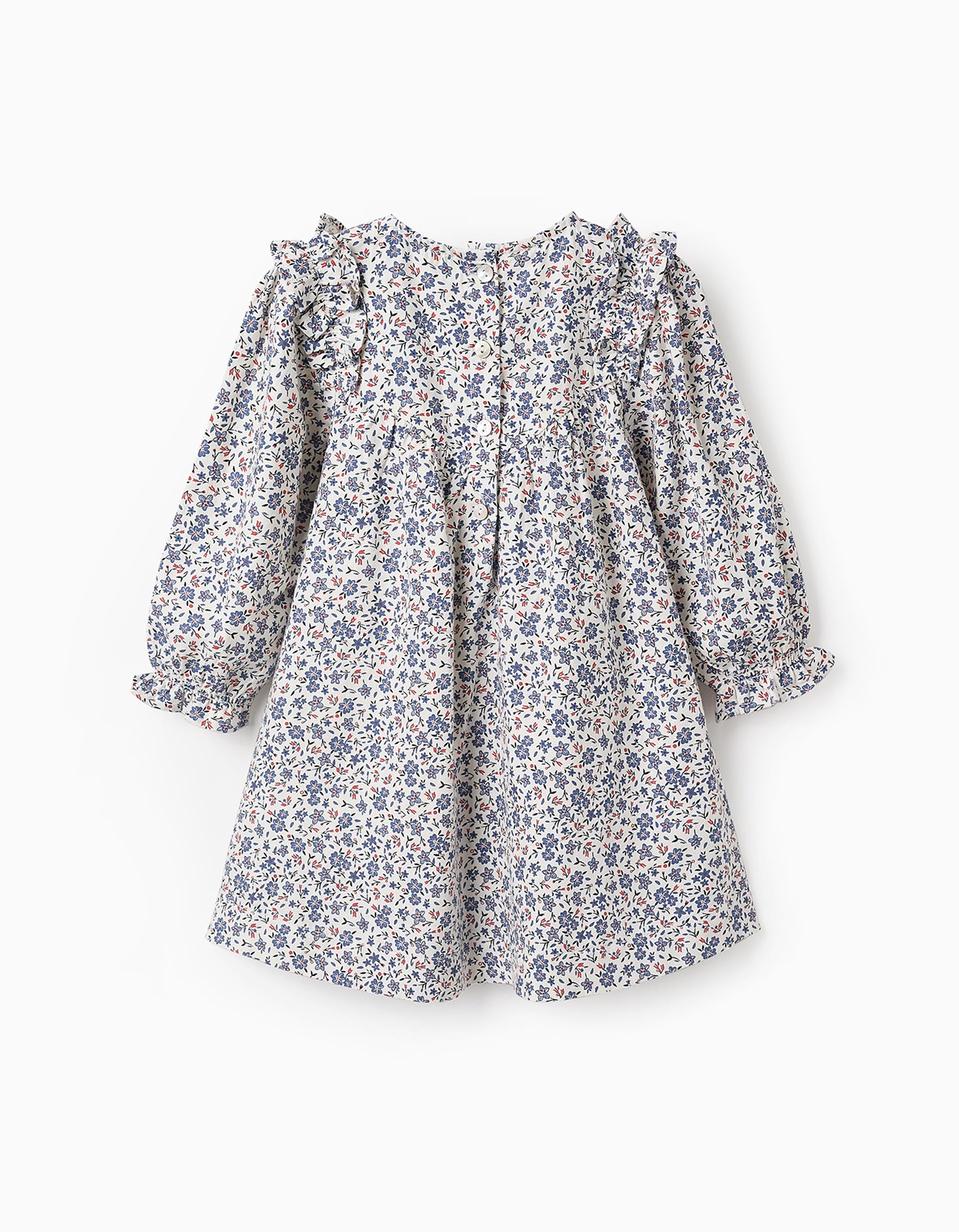 Floral Cotton Dress for Baby Girls, White/Blue/Red