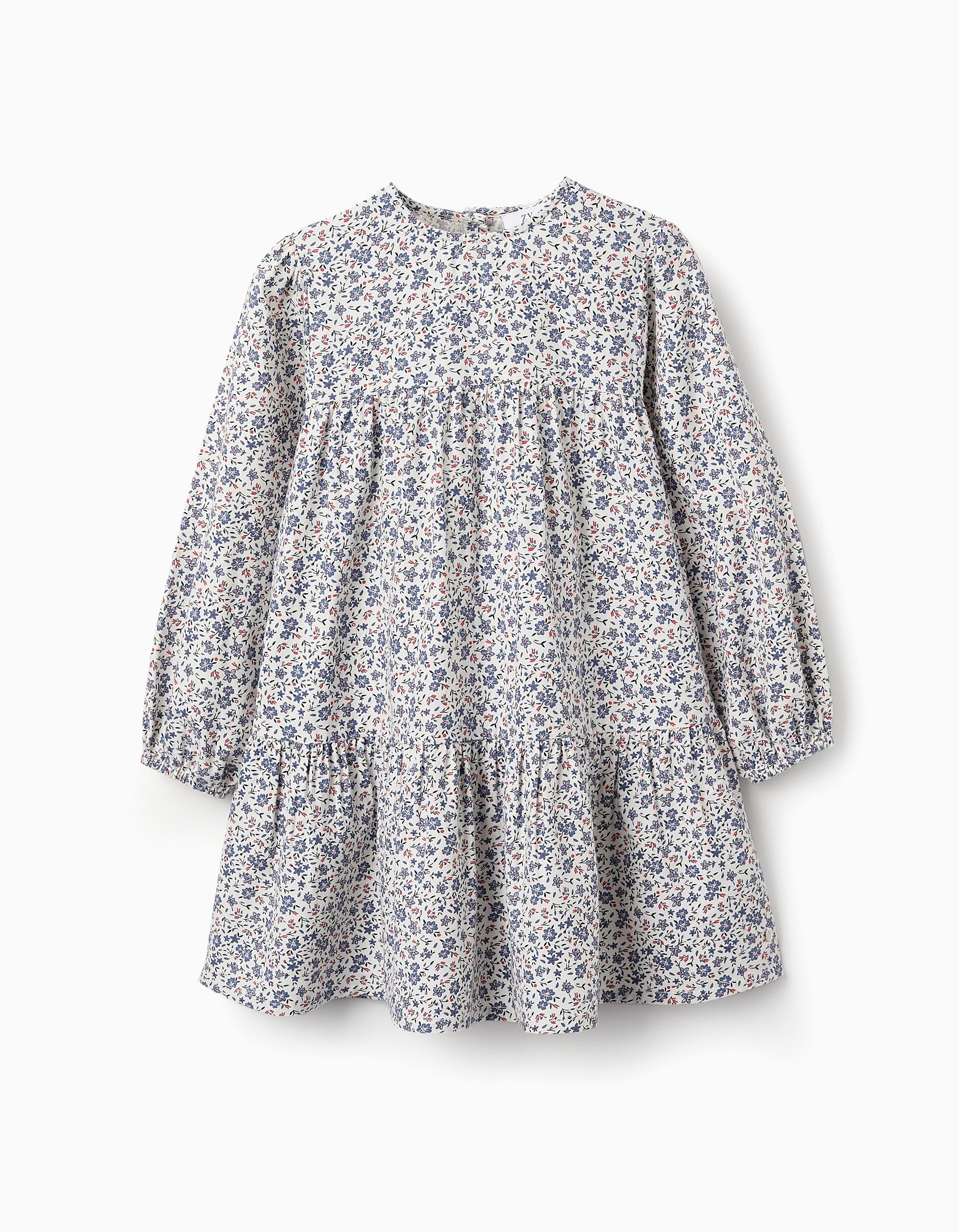 Floral Cotton Dress for Girls, White/Blue/Red