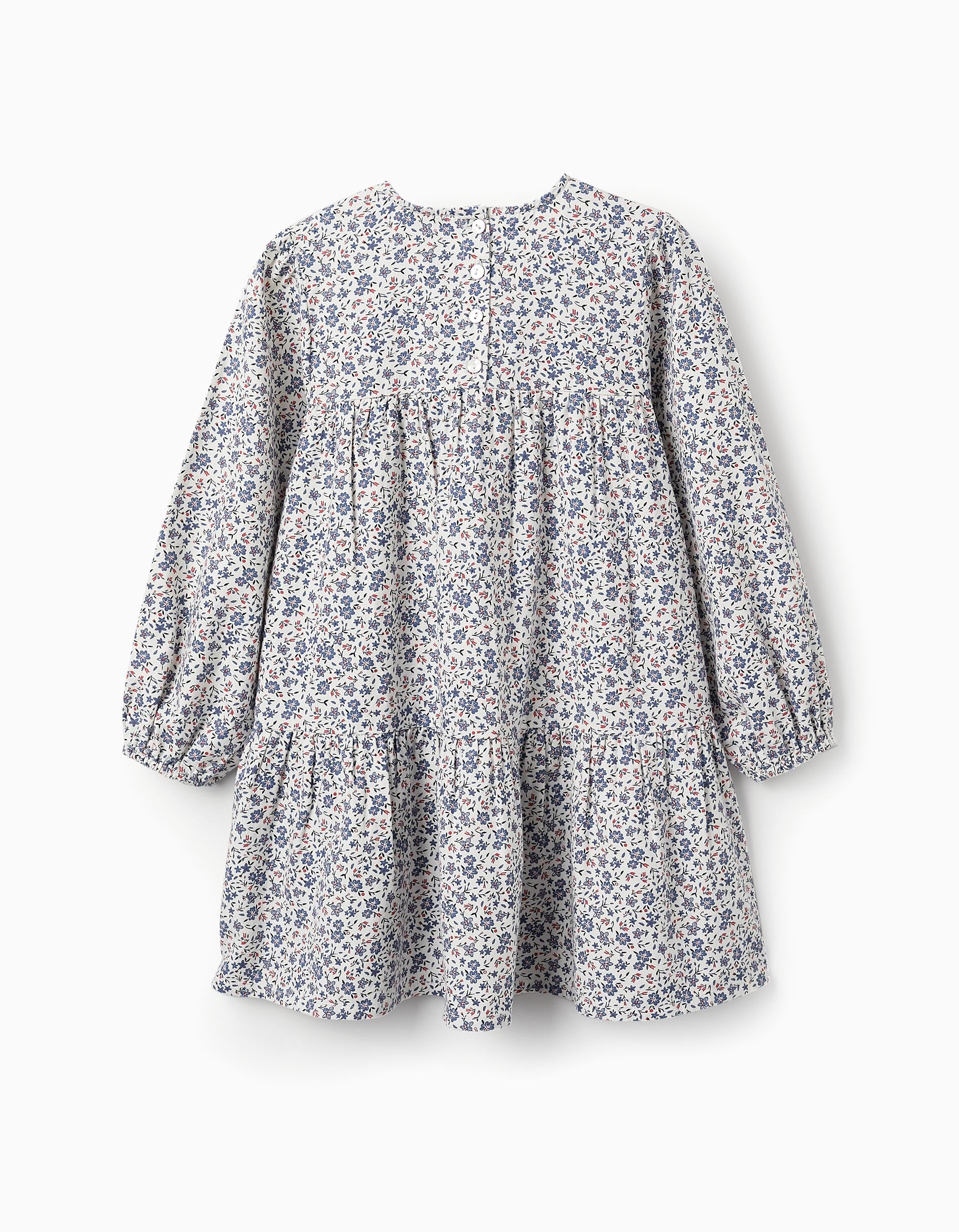 Floral Cotton Dress for Girls, White/Blue/Red