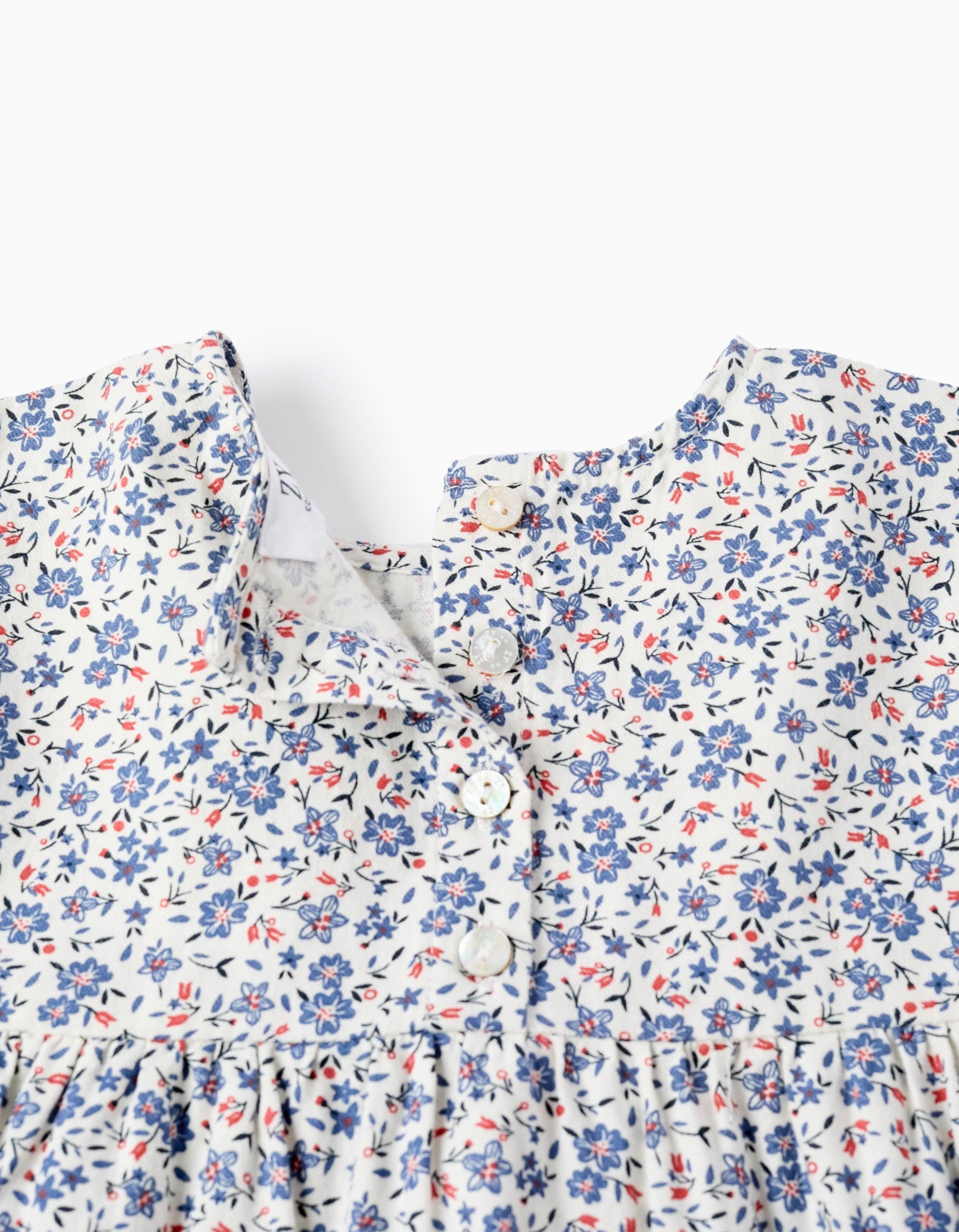 Floral Cotton Dress for Girls, White/Blue/Red