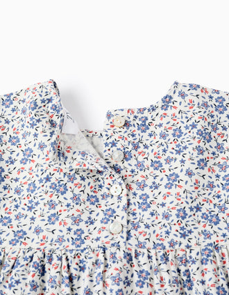 Vestido Floral de Algodón para Niña, Blanco/Azul/Rojo