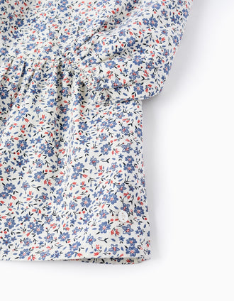 Vestido Floral de Algodón para Niña, Blanco/Azul/Rojo