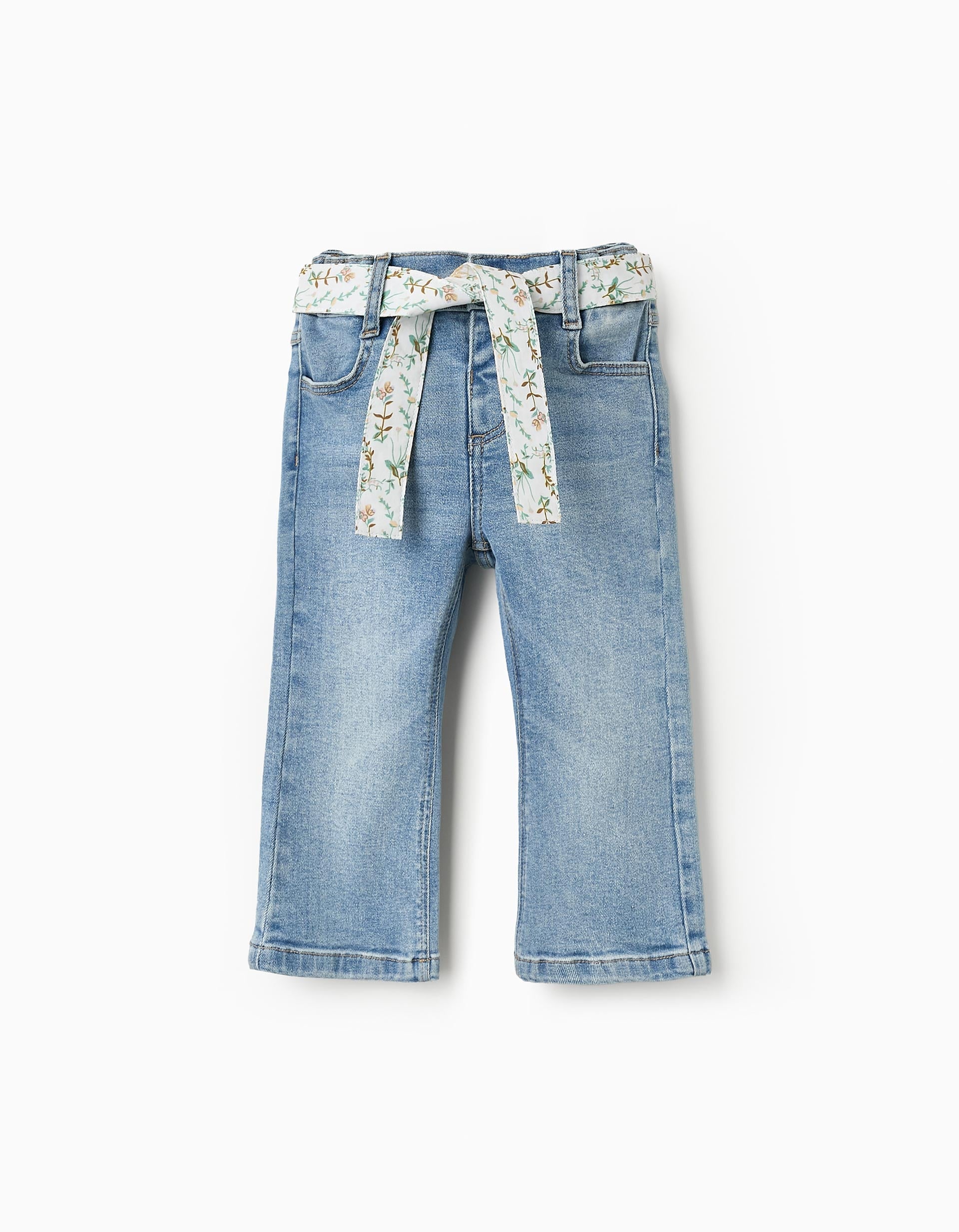 Denim Trousers with Floral Ribbon for Baby Girls, Blue