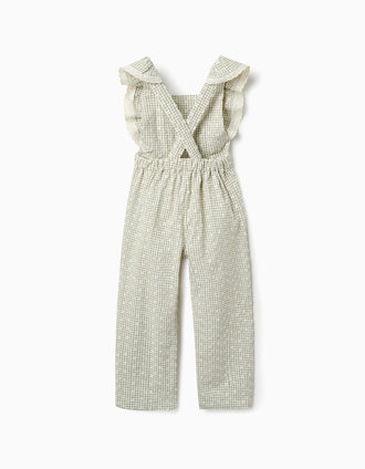 Salopette Vichy avec Broderies pour Fille, Vert/Blanc