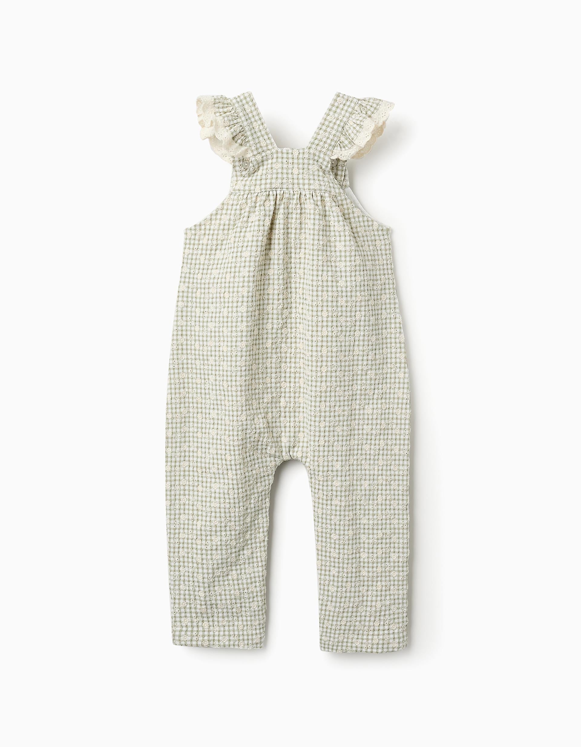 Gingham Jumpsuit with Embroidery for Baby Girls, Green/White