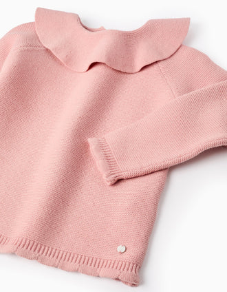 Jersey de Punto con Cuello de Volante para Niña, Rosa
