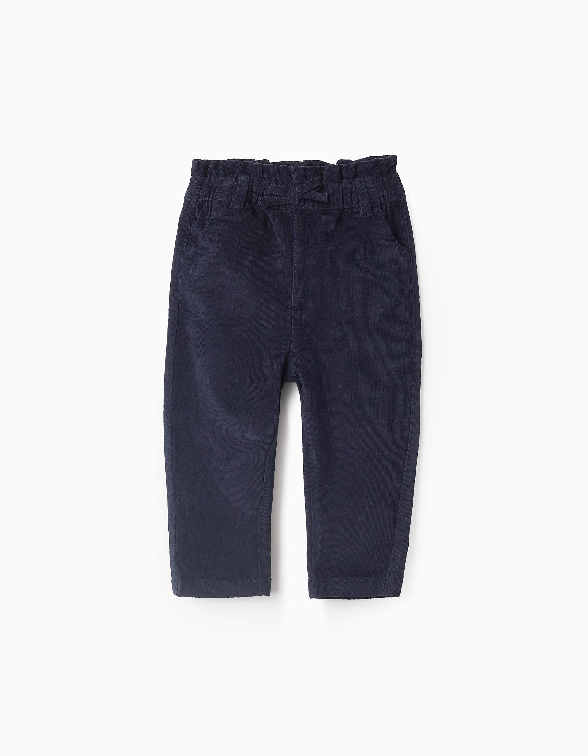 Pantalon en Velours Côtelé pour Bébé Fille 'Paperbag', Bleu Marine