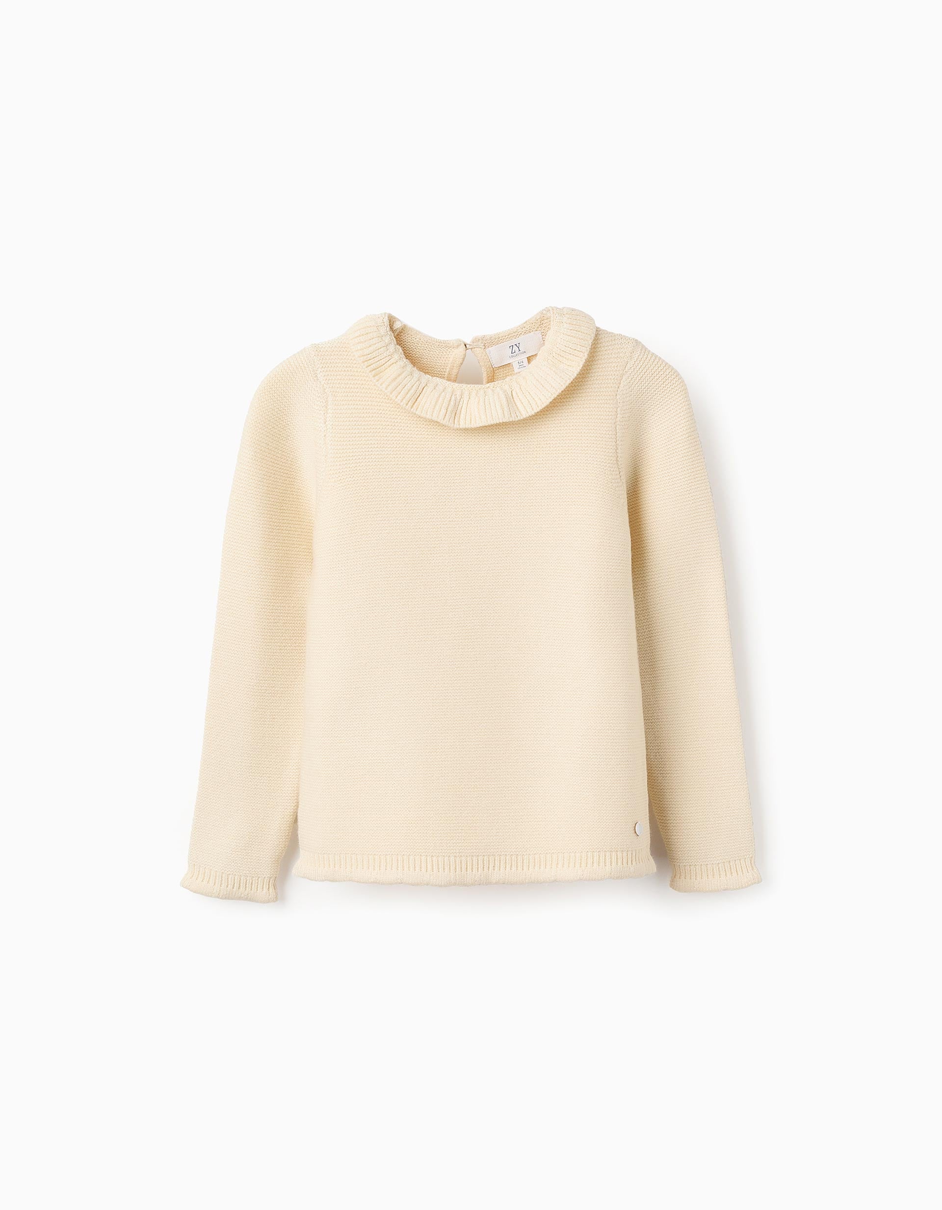 Knitted Jumper with Ruffle Collar for Girls, Beige