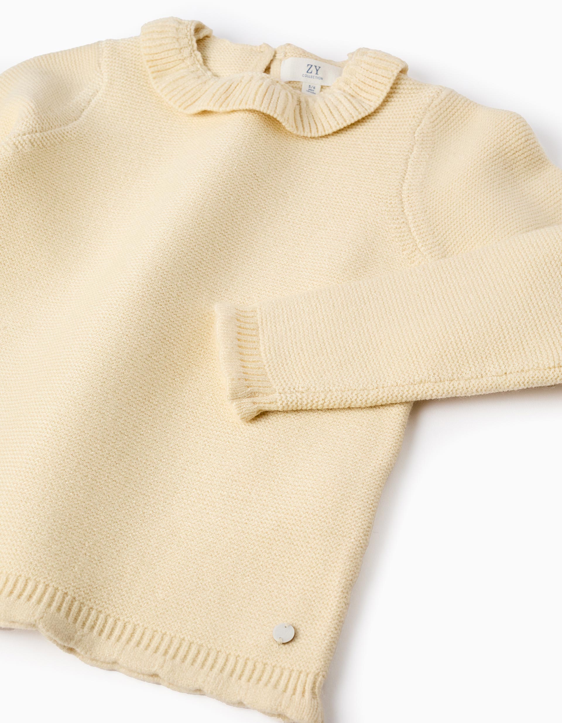 Knitted Jumper with Ruffle Collar for Girls, Beige