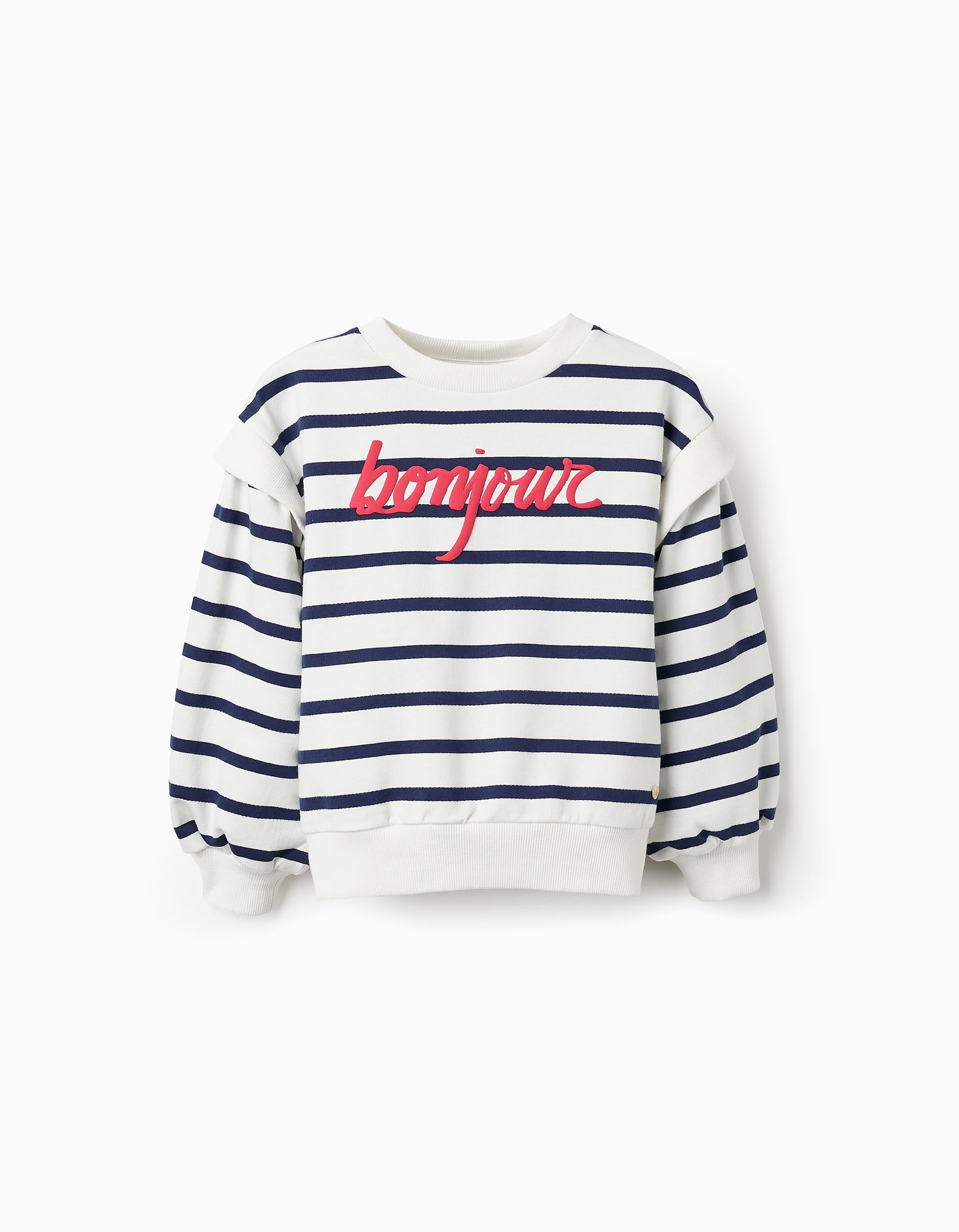 Striped sweatshirt for girls 'Bonjour', White/Navy Blue