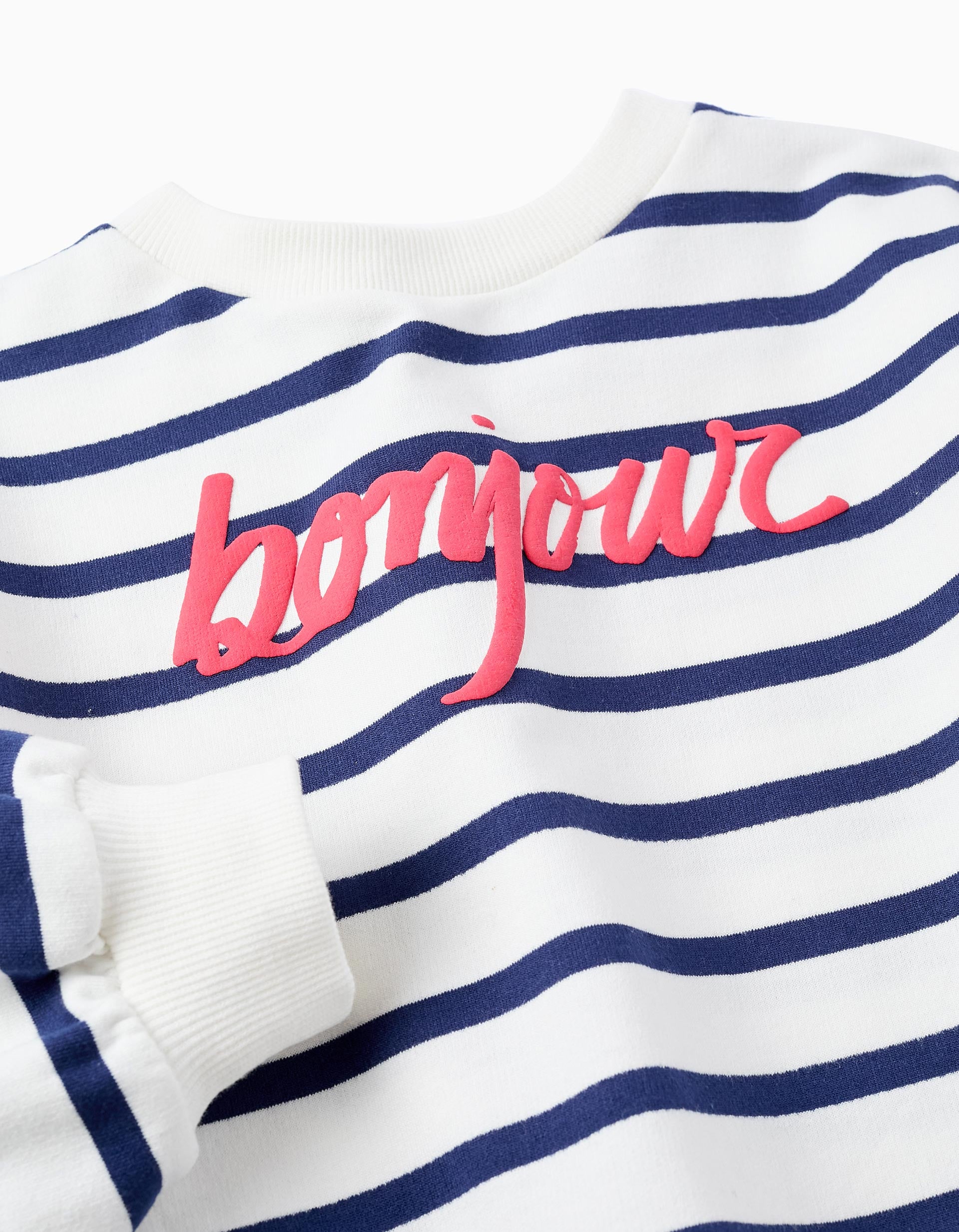 Striped sweatshirt for girls 'Bonjour', White/Navy Blue