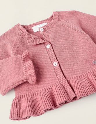 Chaqueta de Punto con Volantes para Recién Nacida, Rosa