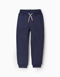 Calças Cardadas com Cordão de Ajuste para Menino, Azul Escuro