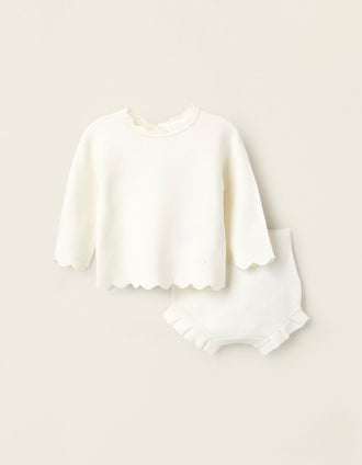Camiseta + Cubrepañal de Punto para Recién Nacida, Blanco