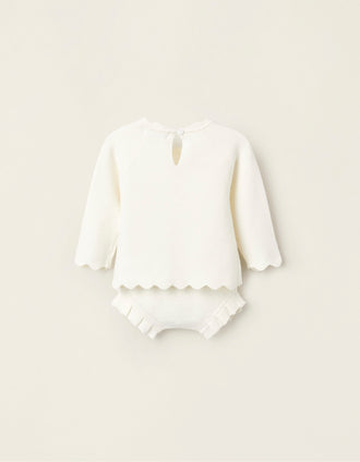 Camiseta + Cubrepañal de Punto para Recién Nacida, Blanco
