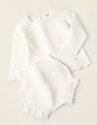 Camiseta + Cubrepañal de Punto para Recién Nacida, Blanco
