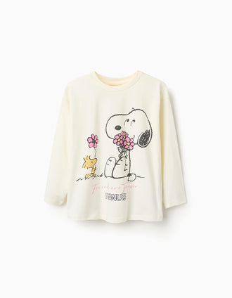 T-shirt de Manga Comprida em Algodão para Menina 'Snoopy', Bege