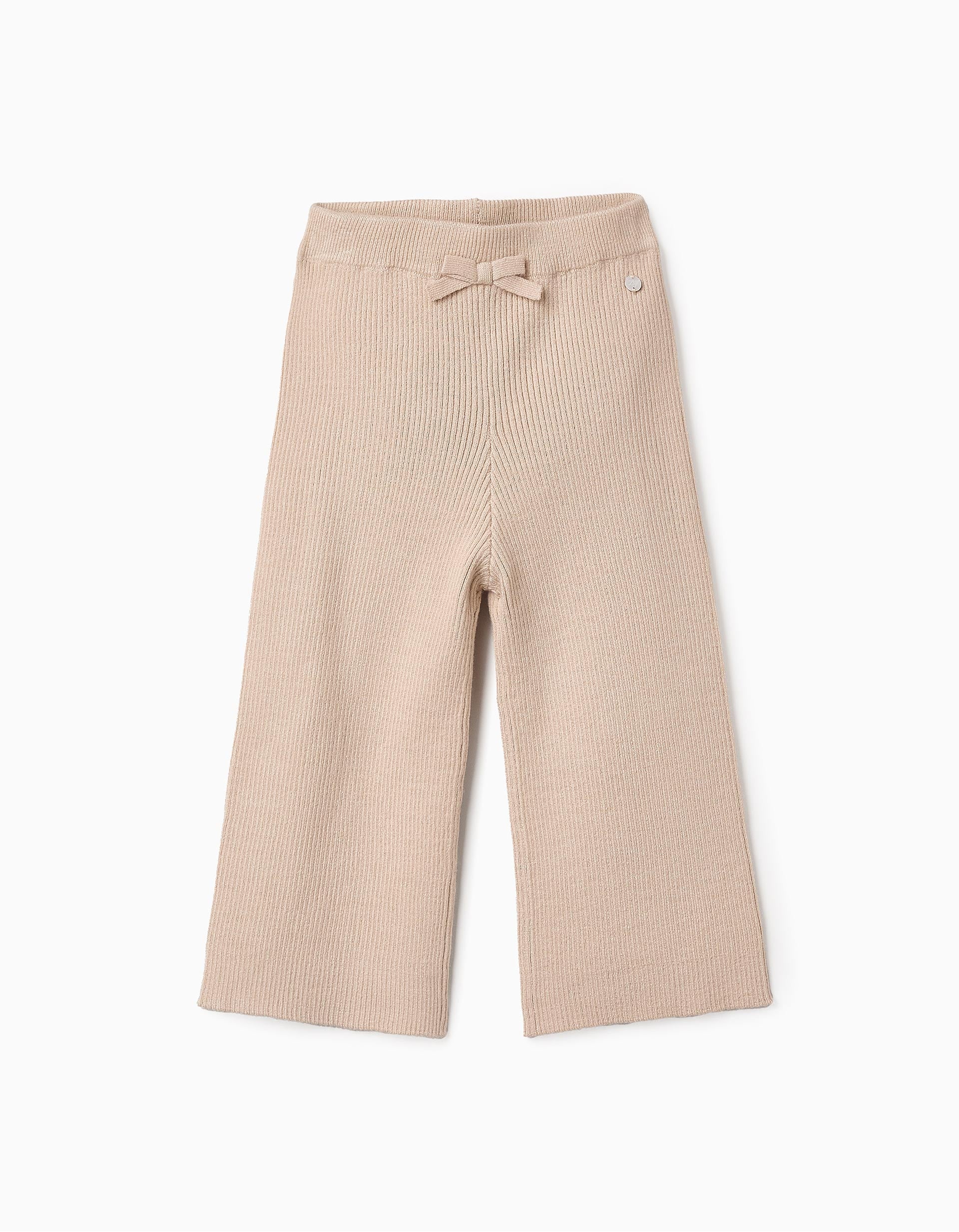 Wide Ribbed Knit Trousers for Baby Girls, Beige